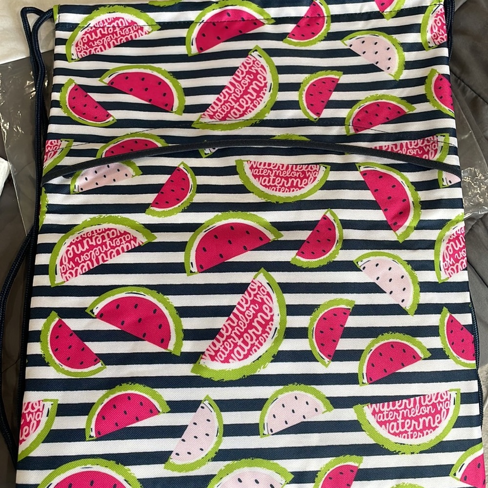 Thirty-One backpack- brand new! Watermelon and navy stripes. Cinch style